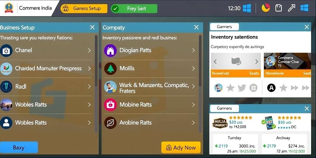 Gameplay Guide for Commerce Champion India Commerce Champion India gameplay steps showing business setup, inventory management, and competitor analysis